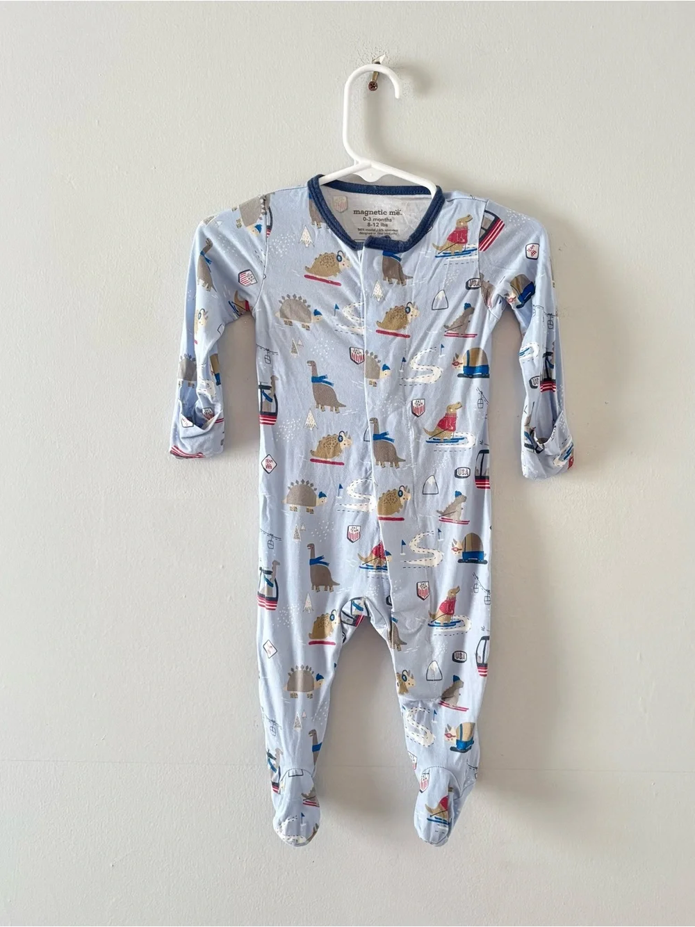 Magnetic Me Ski Rex Modal Magnetic Footie Baby Onesie Printed Blue